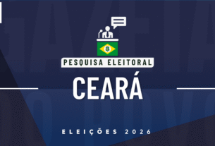 Ilustração feita pela Gazeta do Povo sobre pesquisa eleitoral nas Eleições 2026, com a bandeira do Ceará
