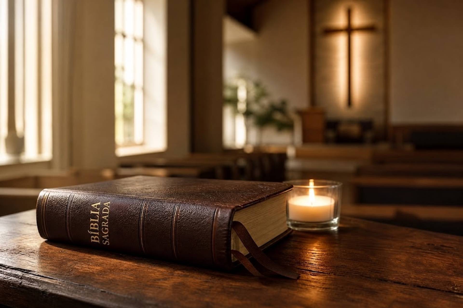 Bíblia Sagrada fechada sobre uma mesa de madeira, ao lado de uma vela acesa, com o interior de uma igreja e uma cruz desfocados ao fundo.