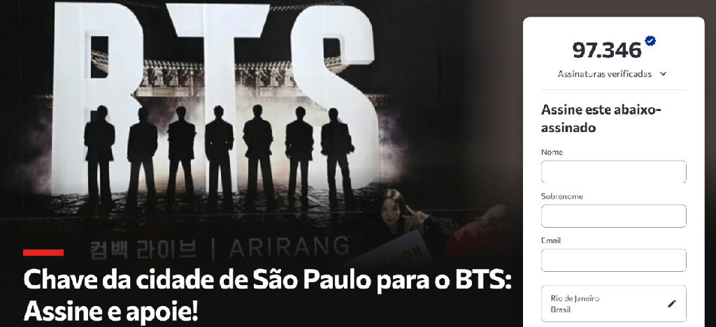 Fãs mobilizam 97 mil assinaturas para entregar chave de São Paulo ao BTS